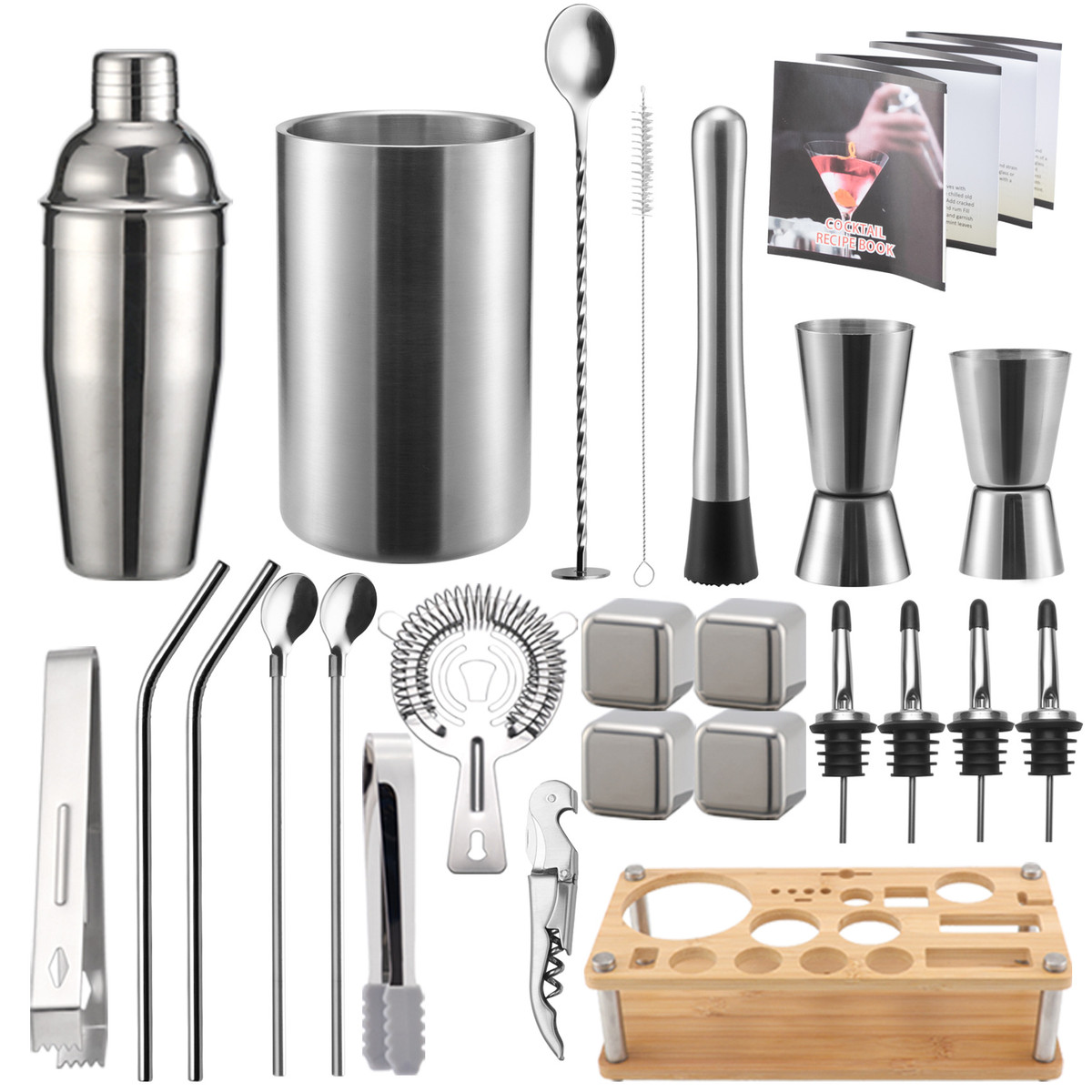 不锈钢调酒器套装鸡尾酒摇拆卸酒壶竹架冰桶酒吧工具醒酒石吧勺