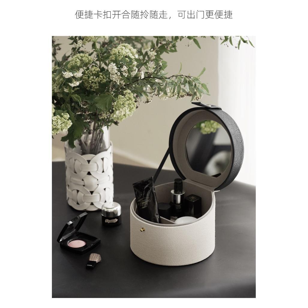 轻奢桌面收纳圆形麻布化妆盒卧室床头柜高端皮革首饰盒家用风盒子