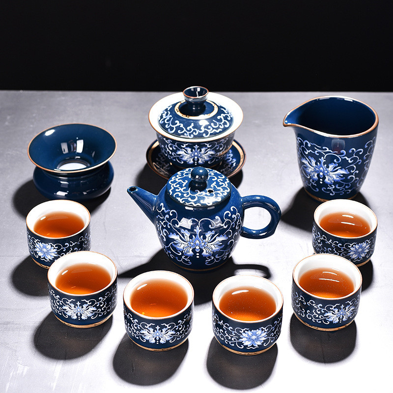 青花瓷功夫茶具套装彩珐琅网红茶具茶杯具套装家用瓷器茶盖碗套装