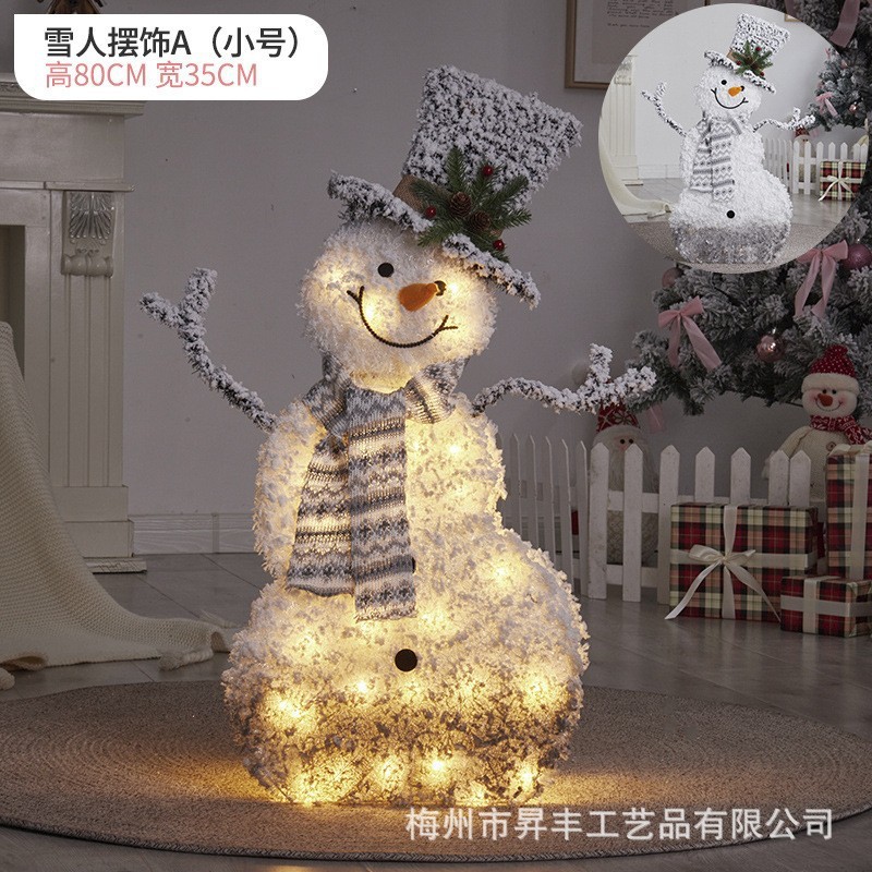 圣诞节装饰品平安夜雪景发光白色铁艺绒圣诞植雪人场景布置