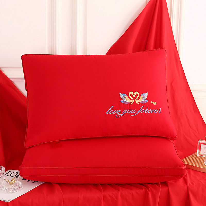 枕头芯整头一对大红色全棉羽丝绒蓬松不塌陷中式婚庆双人结婚枕芯