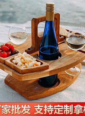 热销木质酒架户外野餐桌手提式酒架可拆卸水果桌酒杯架多层食物架