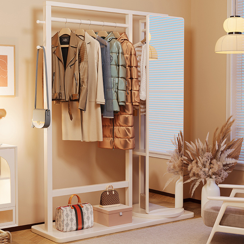 实木挂衣架卧室衣帽架落地带镜子穿衣镜多功能旋转家用收纳衣服架