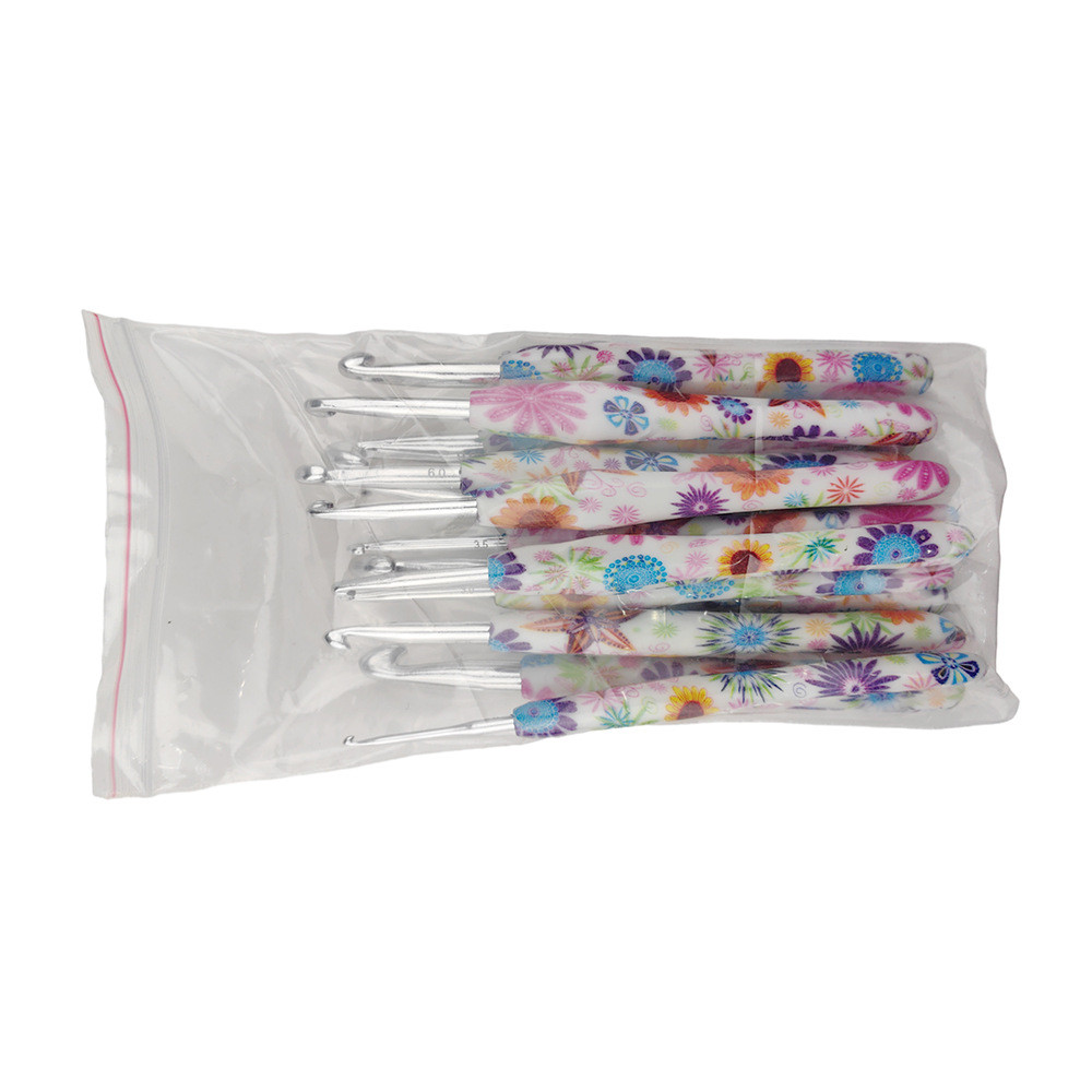 铝tpr印花软柄工具钩针粉花柄钩针一套14支2..0-10.0pu包套