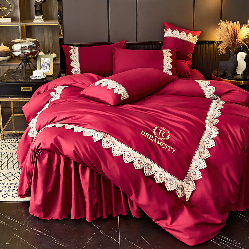 韩式纯色亲肤绣花刺磨毛床裙四件套少女蕾丝床罩被套床品批发