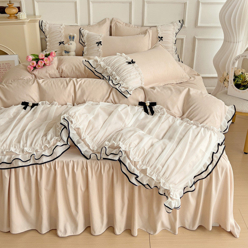 韩版ins公主风提花双层花边四件套网红款少女心纯色花边床品批发,床上用品,床品套件/四件套/多件套,淘宝优惠券,粉丝福利购,淘宝优惠卷