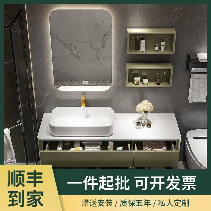 现代简约洗手橡木浴室柜台上盆圆角防撞设计轻奢岩板浴室柜洗漱盆
