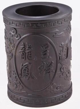 实木雕刻工艺黑檀木浮雕笔筒荷花牡丹马到成功招财厂家麒麟批发