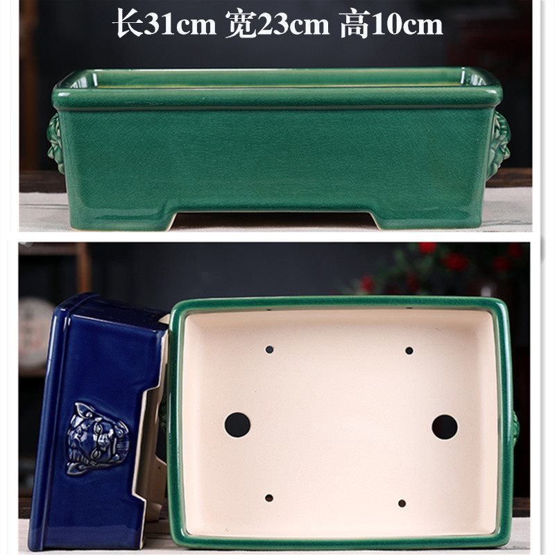 紫砂盆景花盆长方形马槽四方盆多肉盆栽冰裂釉兽头石湾花盆