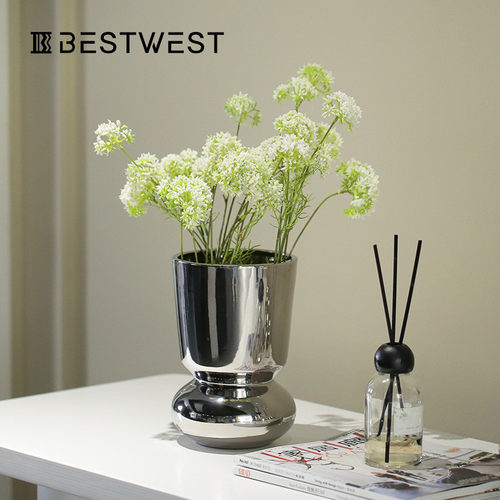 Bestwest电镀银色轻奢柱状陶瓷花瓶摆件家居软装客厅餐桌花器