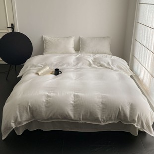 极简风日系素色亲缝针新品 皱皱纱亲肤床上用品双人手工肤四件套