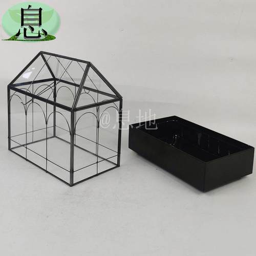 310b铜制小房子带铁盘底座多肉植物几何玻璃花房摆件防尘盒批发