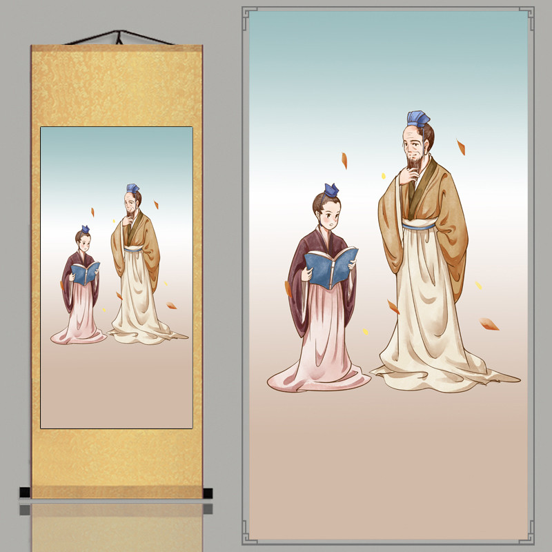1z5x孔子像挂画孔子画像挂图孔夫子教室像挂客厅中堂丝绸画卷轴装