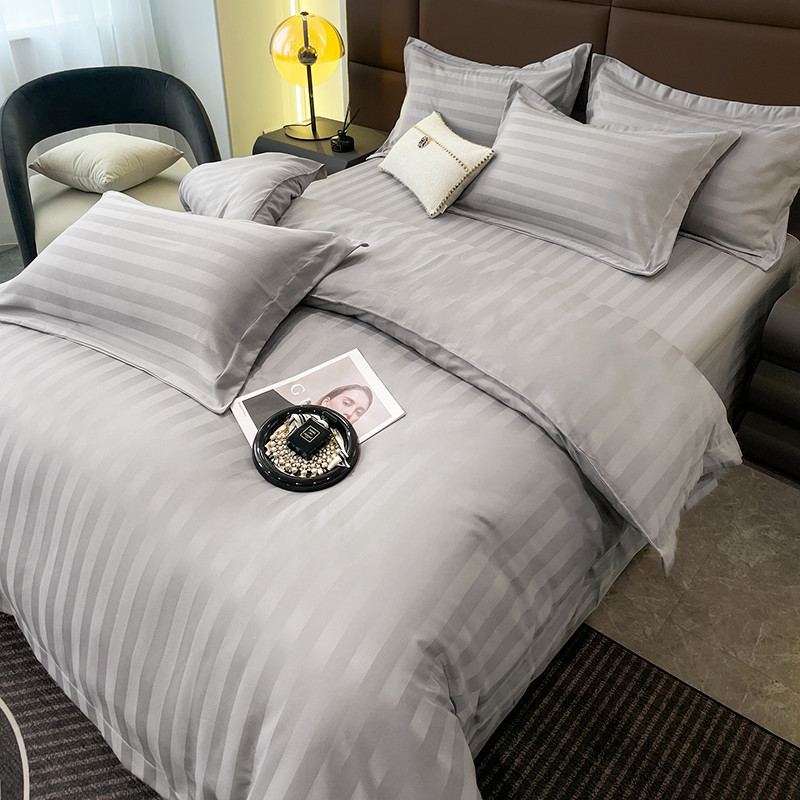 d4q8酒店白色床单条纹四件套加厚缎条宾馆民宿被套三件套被子含芯