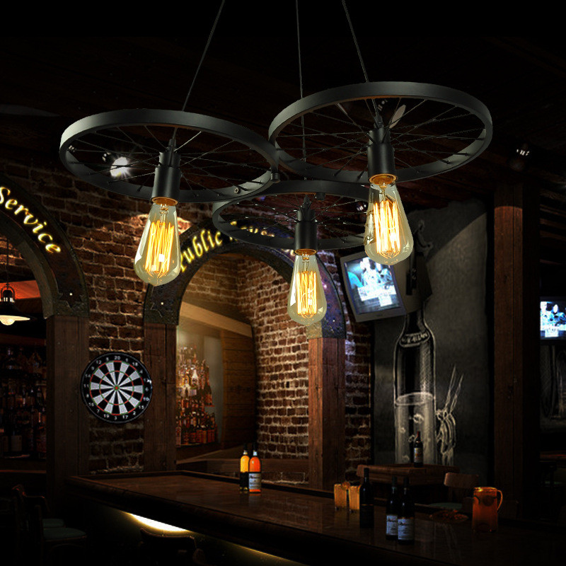 loft工业风复古吊灯美式乡村铁艺车轮餐厅灯咖啡厅酒吧台灯具