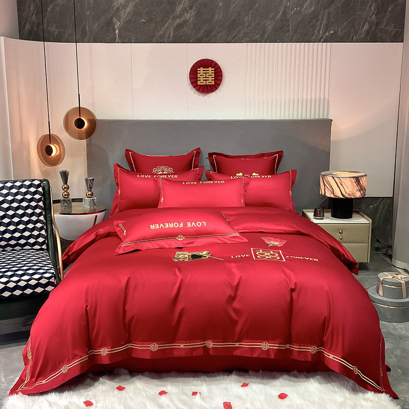 68n结婚床上四件套婚庆大红4件套水洗棉红色刺绣四件套绣花套件