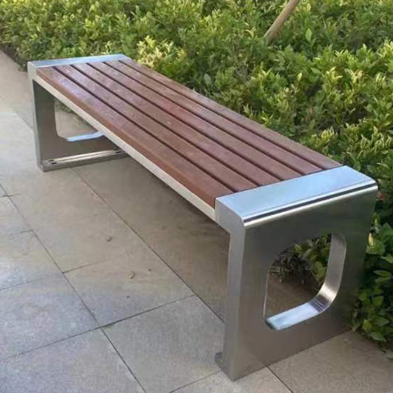 简约不锈钢框架公园凳实木防腐木排椅室外休闲座椅庭院等候公园凳