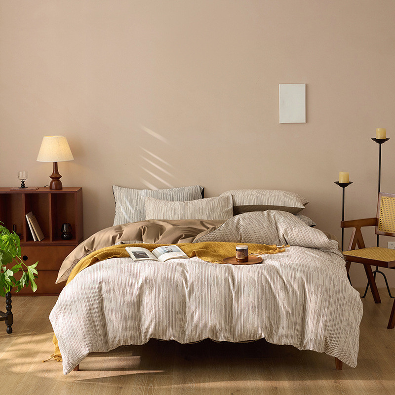 提花古风全棉空气层中简约四件套全棉三层纱条纹被套民宿风床品
