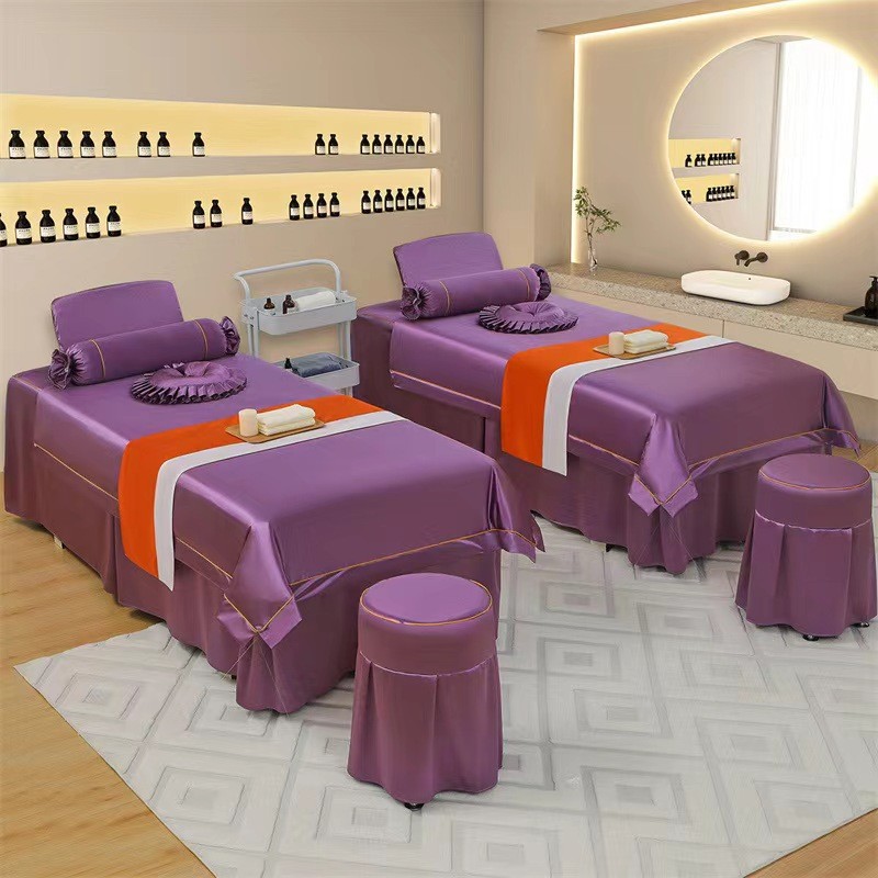 新款简约美容床罩四件套美容院四季高档轻奢天丝麻按摩采耳洗头套