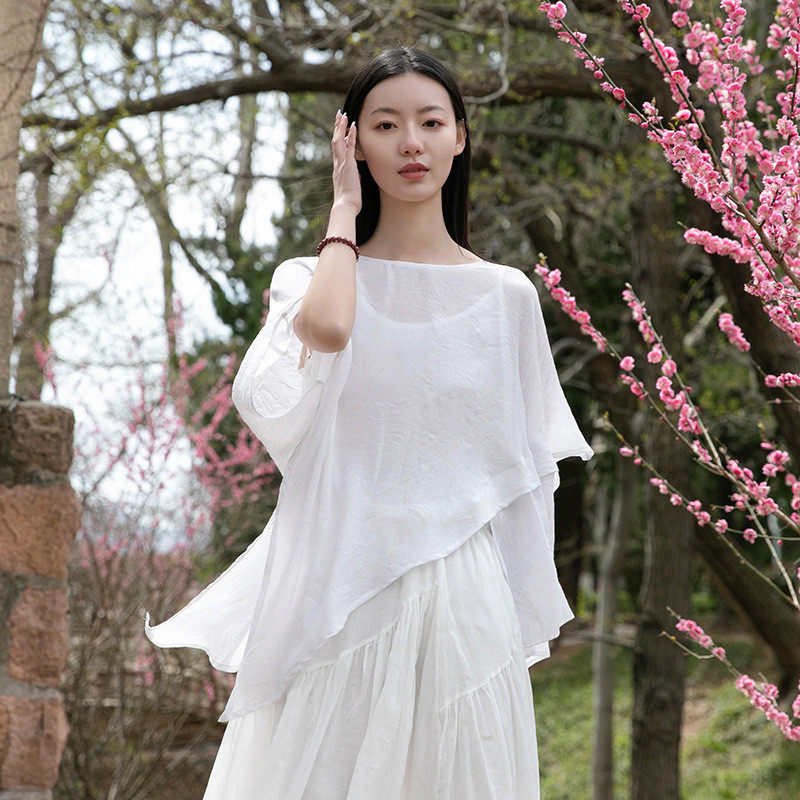 2025夏季新款默念依旧飘逸设计感不规则下摆T恤女薄款宽松防晒罩