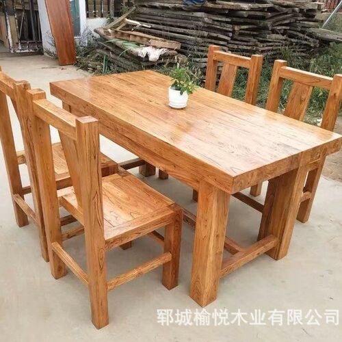 榆木原木吧台办公桌家庭桌工作自然边老榆木餐桌大板饭店桌椅组合
