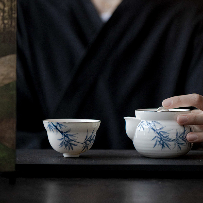 旅行茶具套装室茶话手绘青花竹子一壶一杯家用茶壶主人杯布包宜