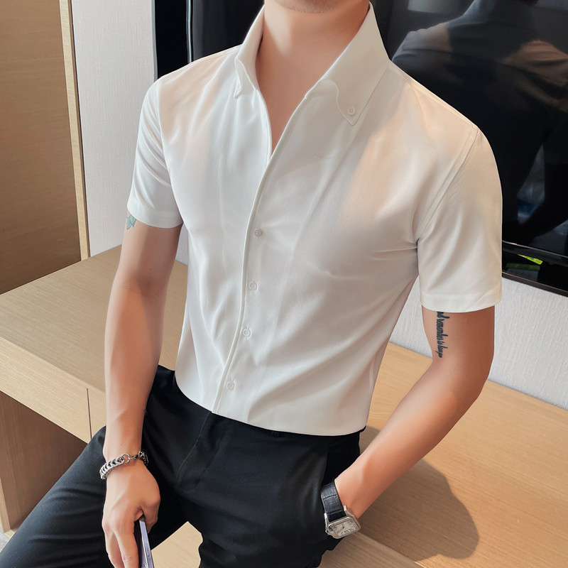 现货痞帅潮流V领衬衫男短袖修身白色高级感衬衣夏季新款商务休闲