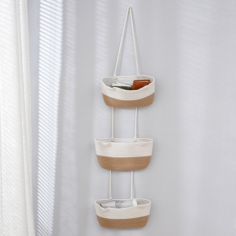 现代简约钥匙棉绳编织收纳篮三层吊篮挂墙壁杂物壁挂式收纳篮批发,收纳整理,橱柜收纳筐,淘宝优惠券,粉丝福利购,淘宝优惠卷