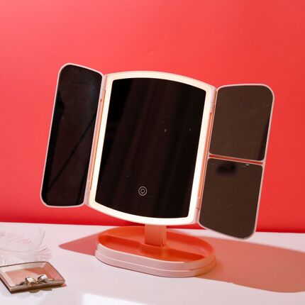 桌面台式带灯美妆led化妆镜轻奢收纳盒二合一折叠贝壳梳妆镜子女