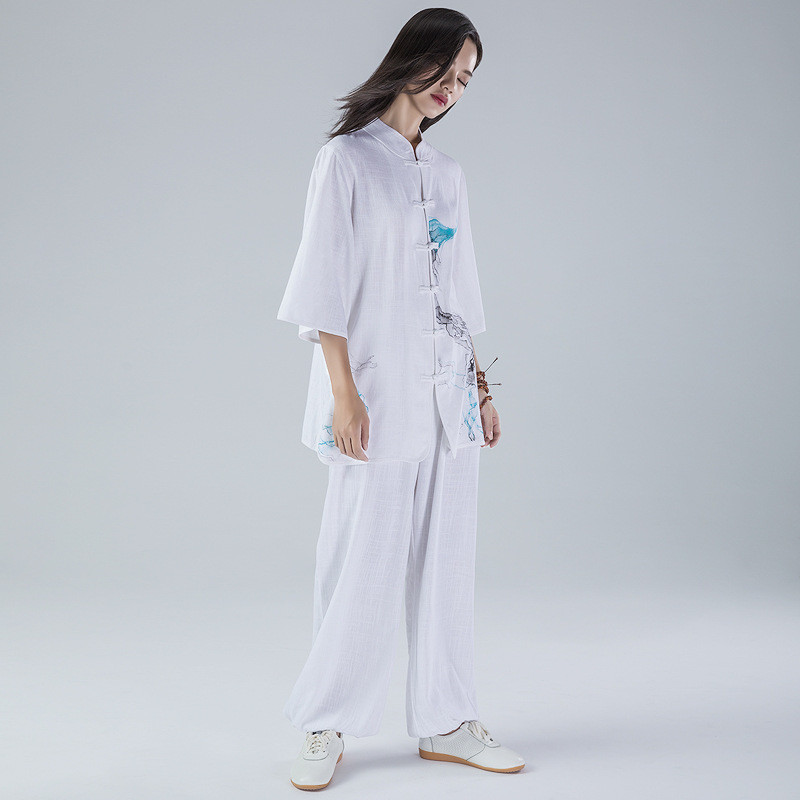 康愫雅新款太极服套装女春夏棉麻武术表演服中国风练功服印花批发