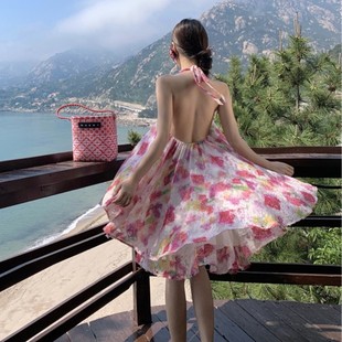 甜美晕染印花挂脖露背连衣裙女夏小个子海边度假a字大摆 现货法式