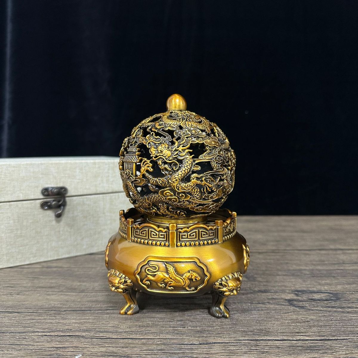 黄铜时来运转熏香炉四大神兽九转乾坤鼎摆件九转黄铜香炉器工艺品