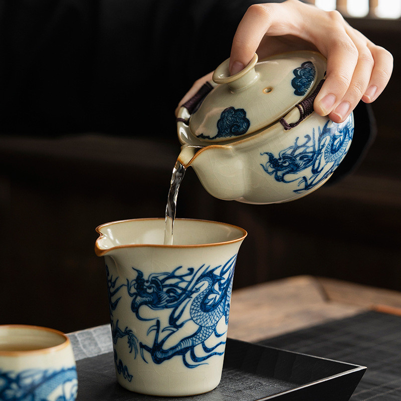 汝窑盖碗茶杯单个青花龙纹防烫手手抓壶单个高档茶具套装泡茶专用