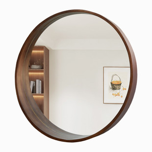 bolen北欧圆镜子带置物架实木浴室镜装饰卫生间壁挂镜梳妆台镜子