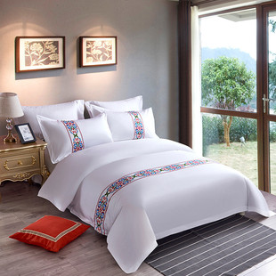 床单式 风格 宾馆民宿床品 60s长绒棉布酒店贡缎草印花中式 2024新款