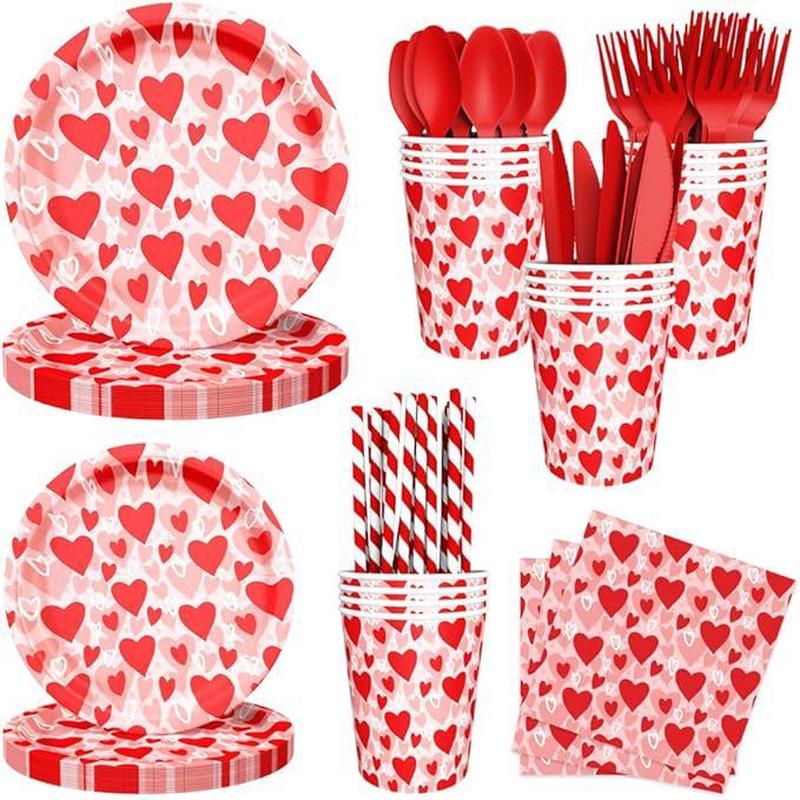 情人节红粉爱心主题派对套装一次性纸盘纸杯纸巾派对刀叉勺用品