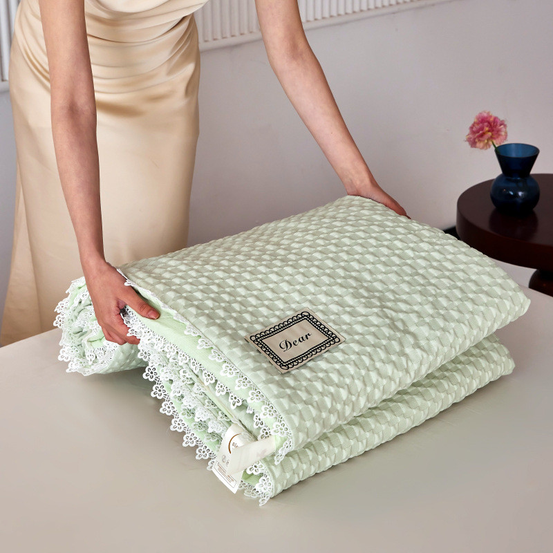 新品轻奢纯色泡泡纱机花边单人宿舍空调被可夏凉被洗加大双人薄被