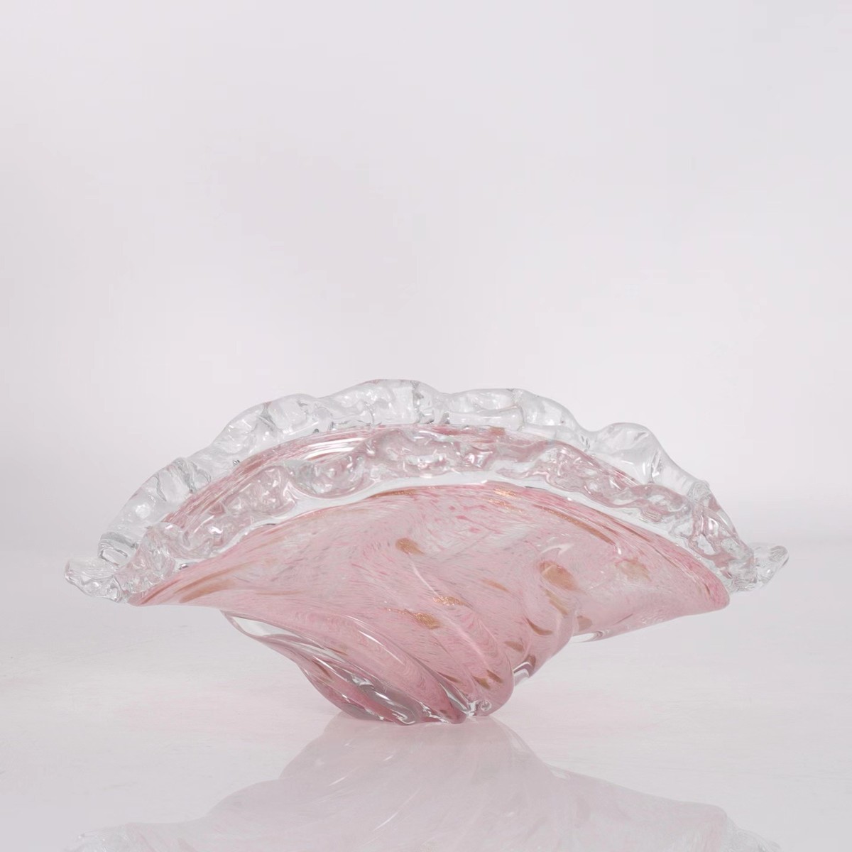 现代粉色欧式鎏金手工玻璃花瓶波浪花边设计师样板间装饰艺品摆件