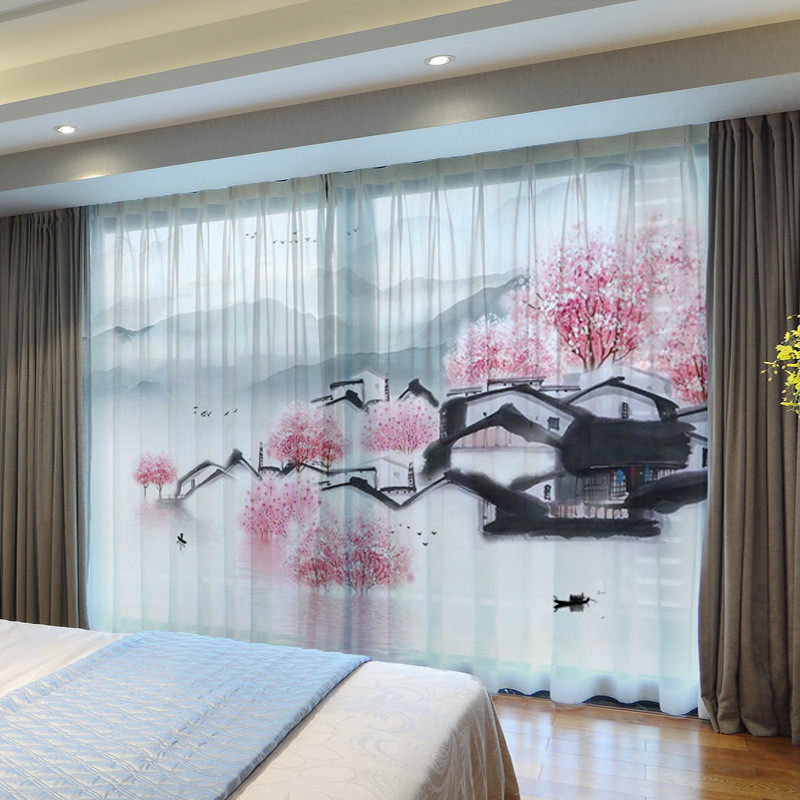 1vpk现代简约风景山水中式江南水墨画图案客厅茶室古典大气背景窗