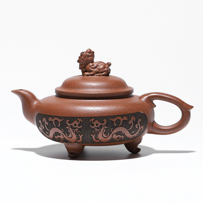 宜兴足老段泥麒麟献瑞手工刻绘三原矿祥瑞紫砂壶收藏茶具210cc