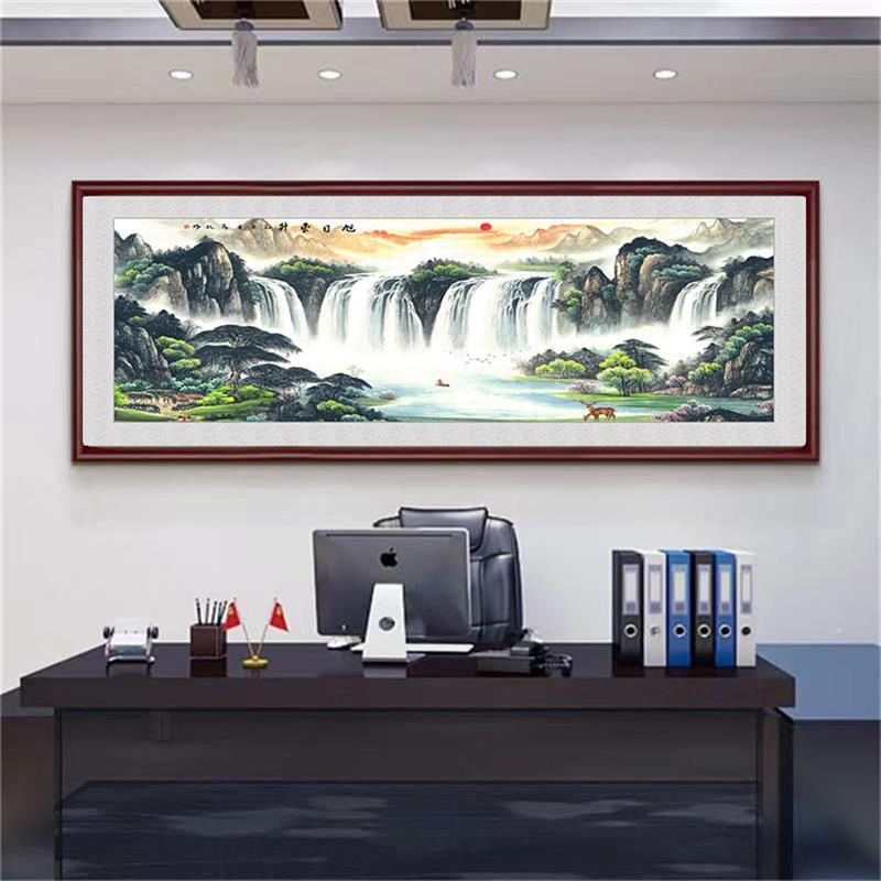 实挂画国画山水画老板办公室装饰画中式海纳百川木框沙发客厅壁画