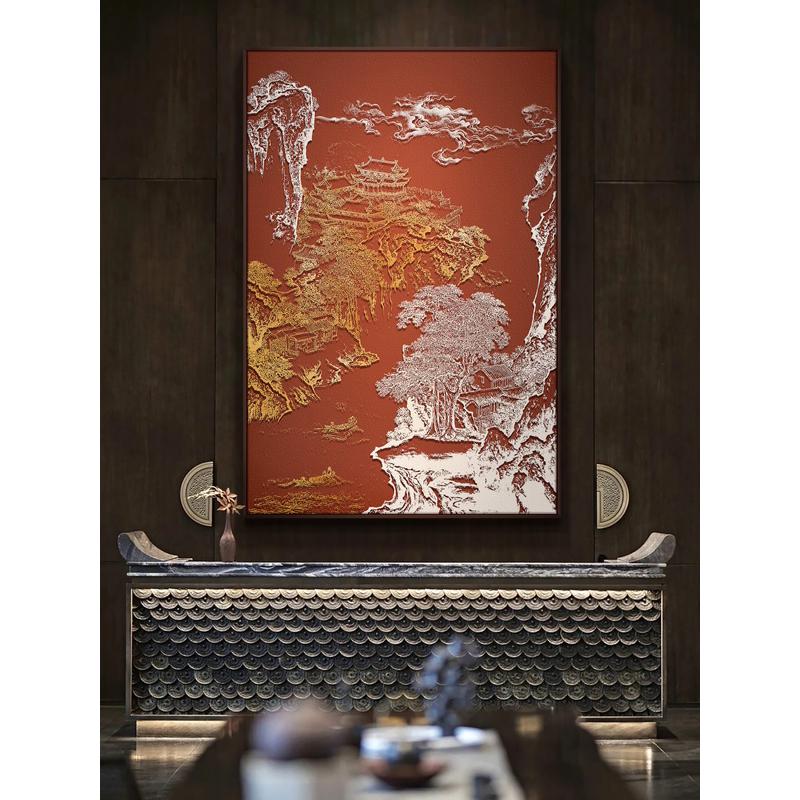 新中式玄关客厅浮雕肌理立体挂画餐厅走廊装饰画楼梯间竖版壁画图片