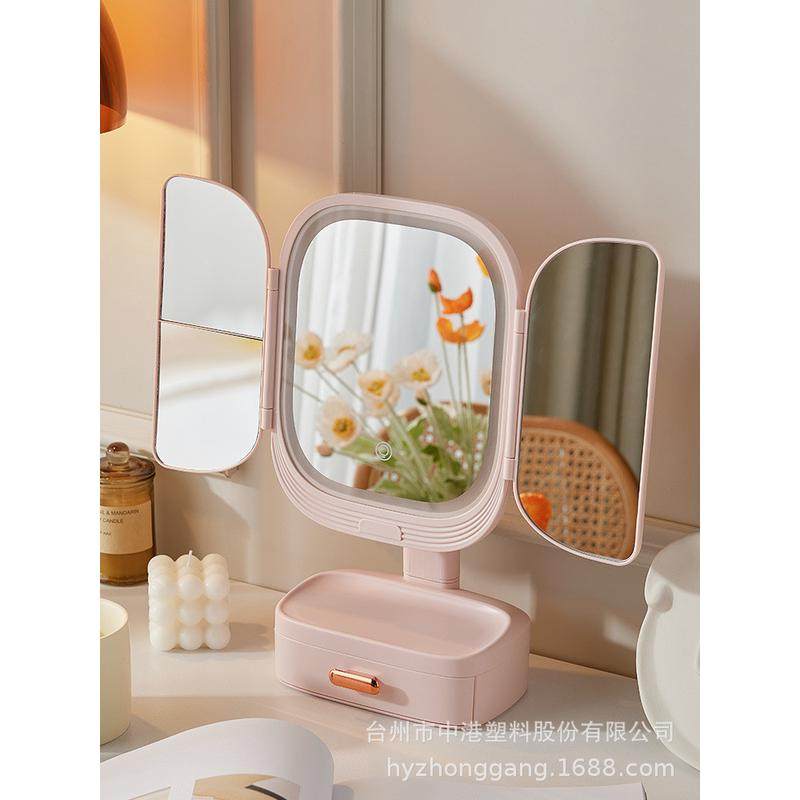 化妆镜台式led小镜子宿舍桌面梳妆镜女网红便携随身补光美妆带灯