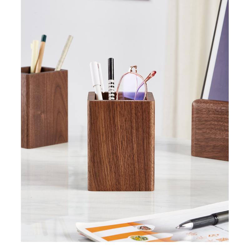 实木创意笔筒黑胡桃木桌面收纳盒简约方形礼品学习办公室木质笔筒