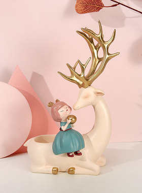 创意礼品ins风鹿女孩树脂收纳家居装饰工艺品摆件鹿摆件厂家直销