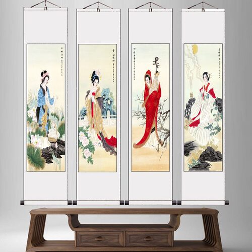 新中式花鸟国画茶室梅兰竹菊四条屏水墨画宣纸沙发背景墙挂画客厅