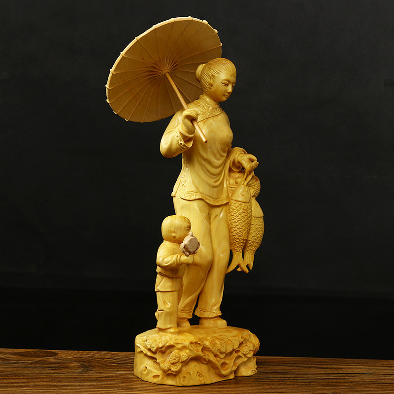 热销黄杨木雕创意人物美女客厅实木质装饰回娘家居中式手工格调新