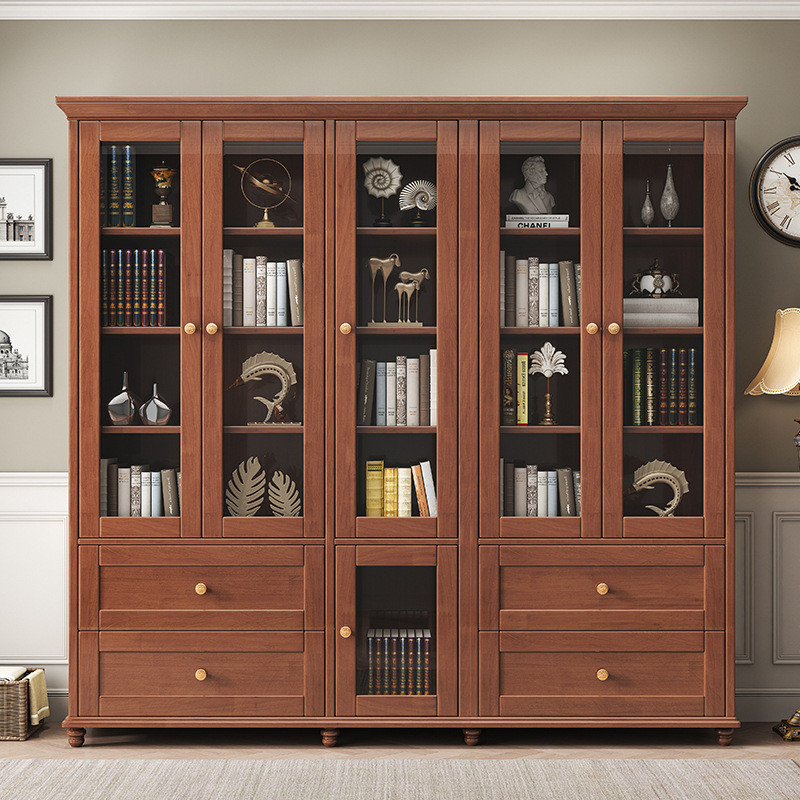 实木书柜组合家用美式储物柜两门书房三门书橱落地靠墙置物收纳柜