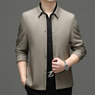 男士风衣夹克2023年春季新款翻领纯色扣板中青年时尚潮流外套男