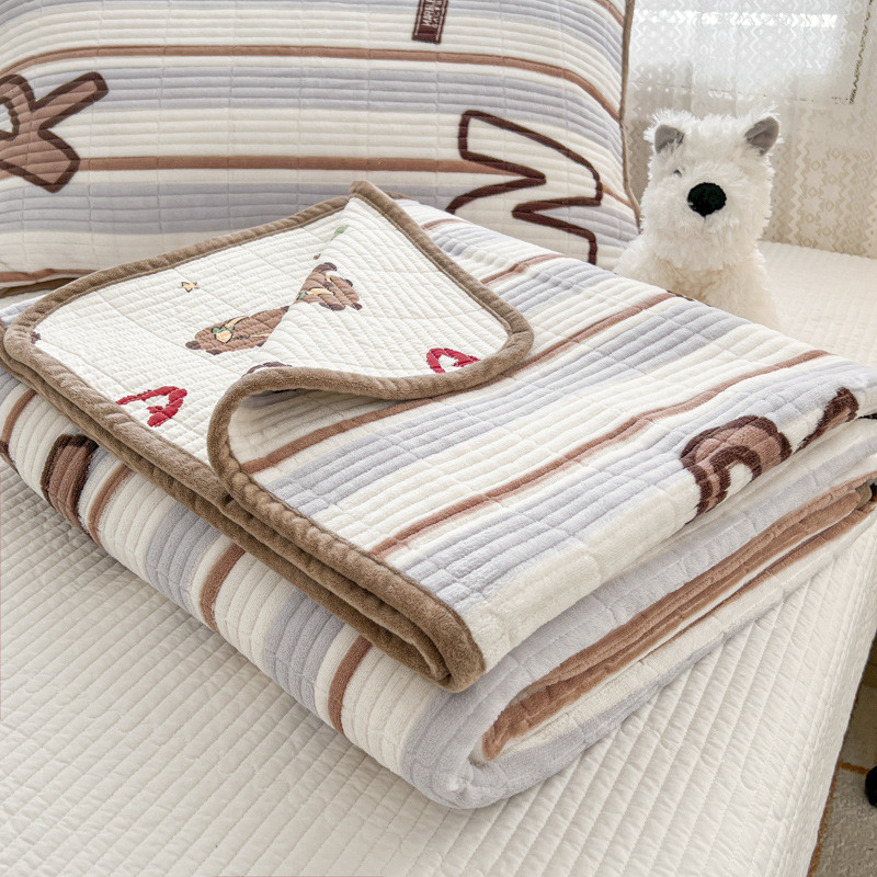 秋冬新款棉绒一面棉绗缝夹一面高温砂洗床盖三件套加厚床单床炕垫